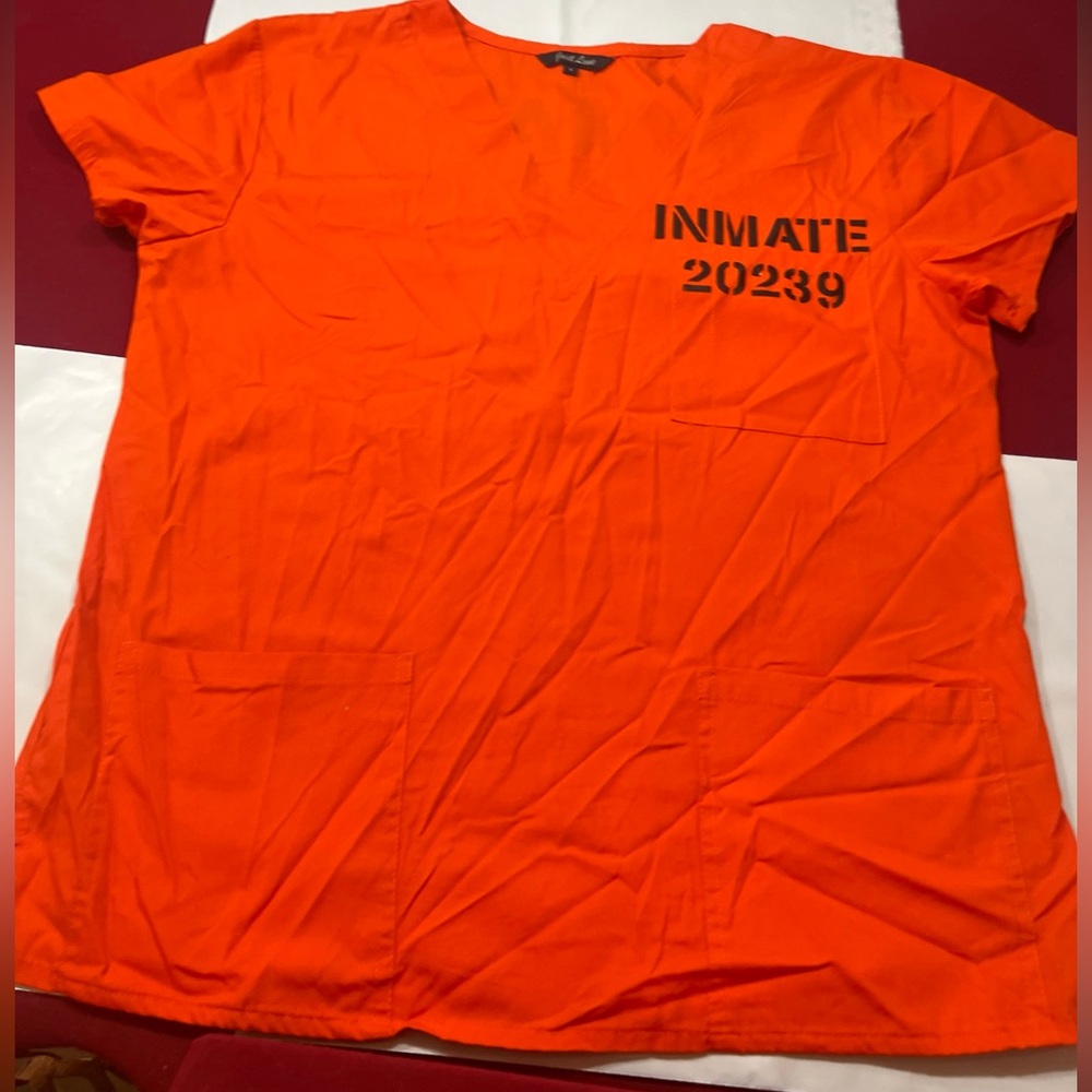 Prisoner Orange Shirt Inmate 20239 Criminal Halloween Cotton Costume Funny Sz Lg